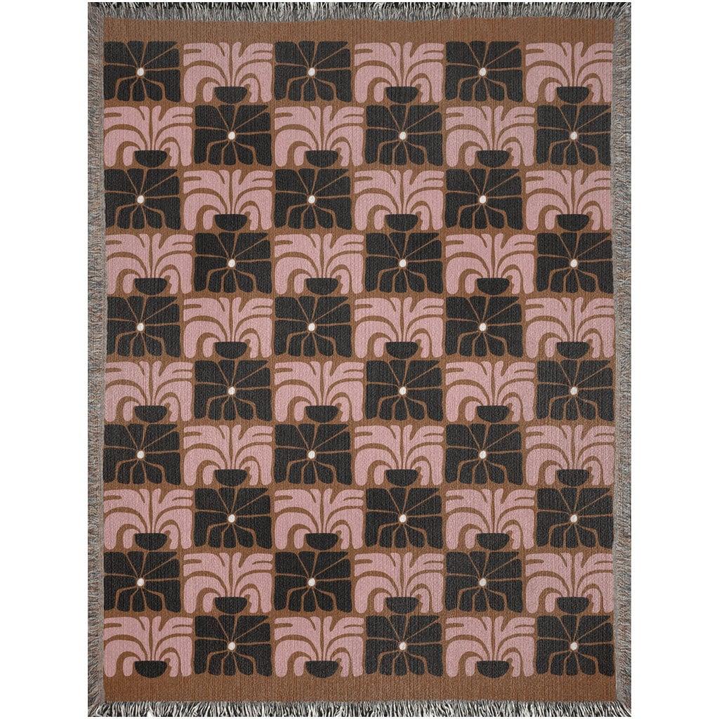 Matisse Style Checker Flowers Pink Brown Black Woven Cotton Throw Blankets