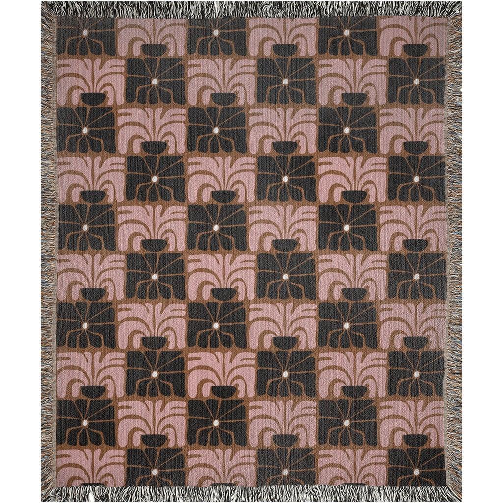 Matisse Style Checker Flowers Pink Brown Black Woven Cotton Throw Blankets