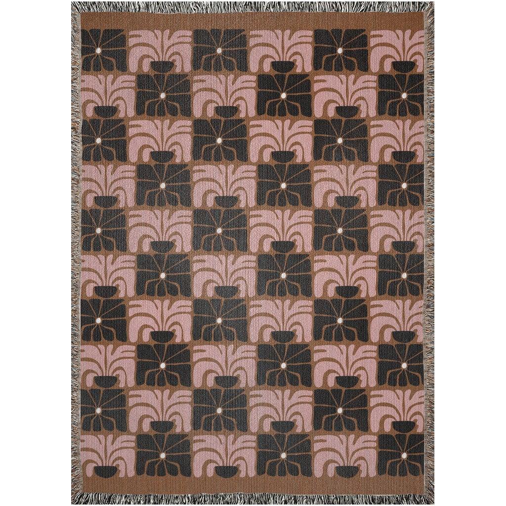 Matisse Style Checker Flowers Pink Brown Black Woven Cotton Throw Blankets