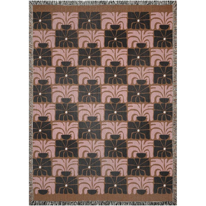 Matisse Style Checker Flowers Pink Brown Black Woven Cotton Throw Blankets