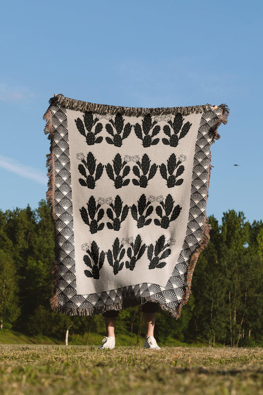 Art Deco Beige And Black Cactus Pattern Woven Cotton Throw Blankets