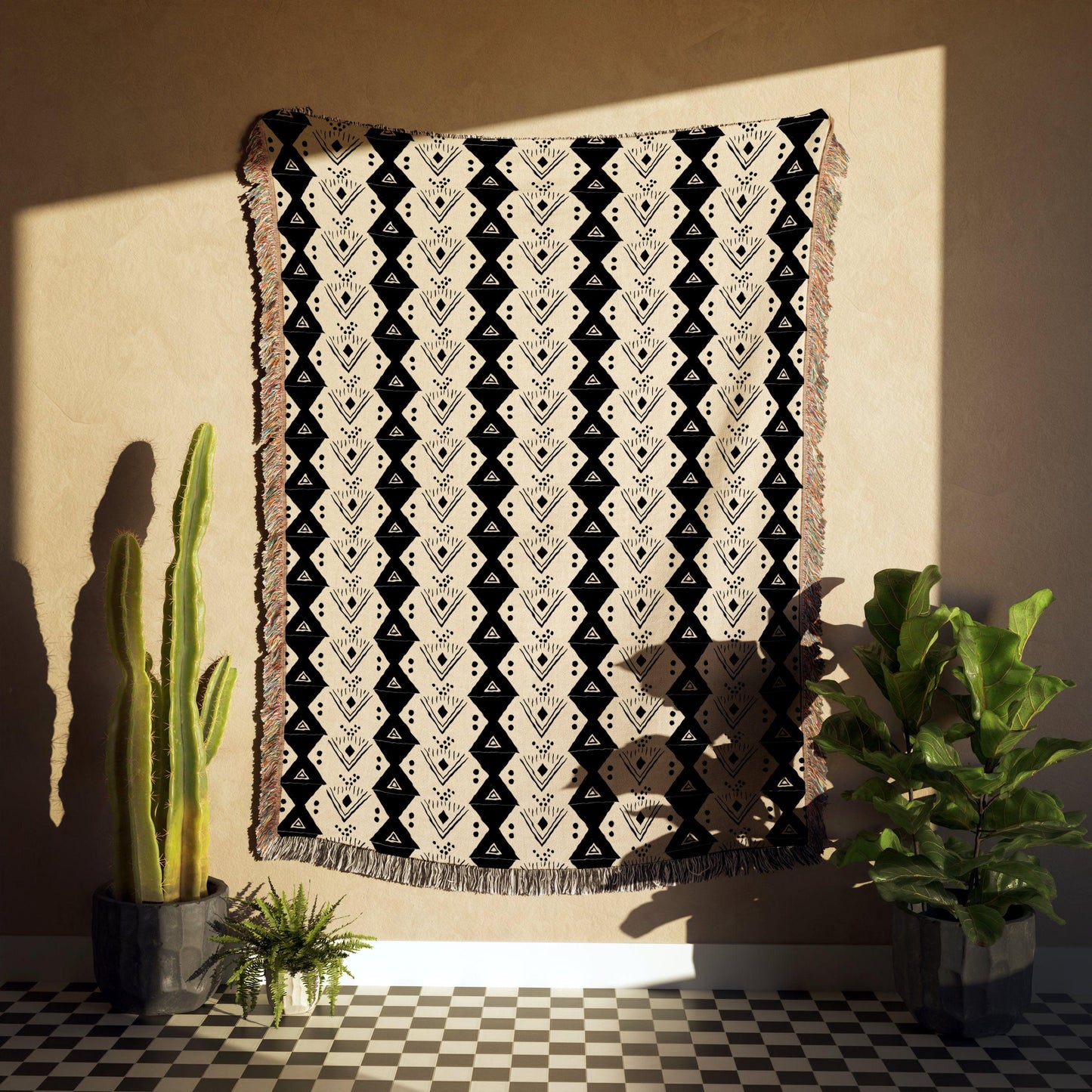 Black And Beige Geometric Boho Pattern Woven Cotton Throw Blankets