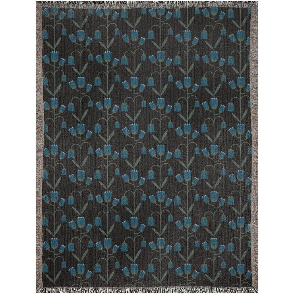 Dark Blue Art Deco Floral Pattern Woven Cotton Throw Blankets