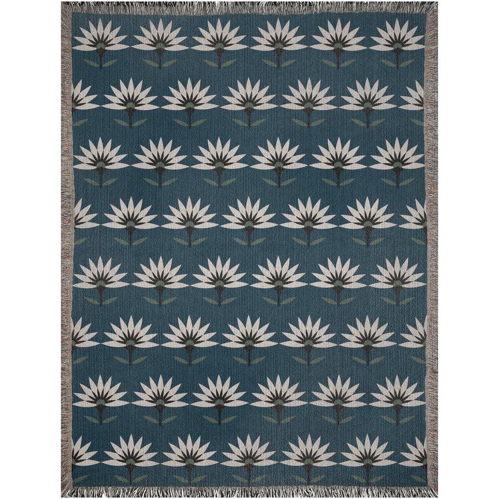 Blue Art Deco Flower Woven Cotton Throw Blankets