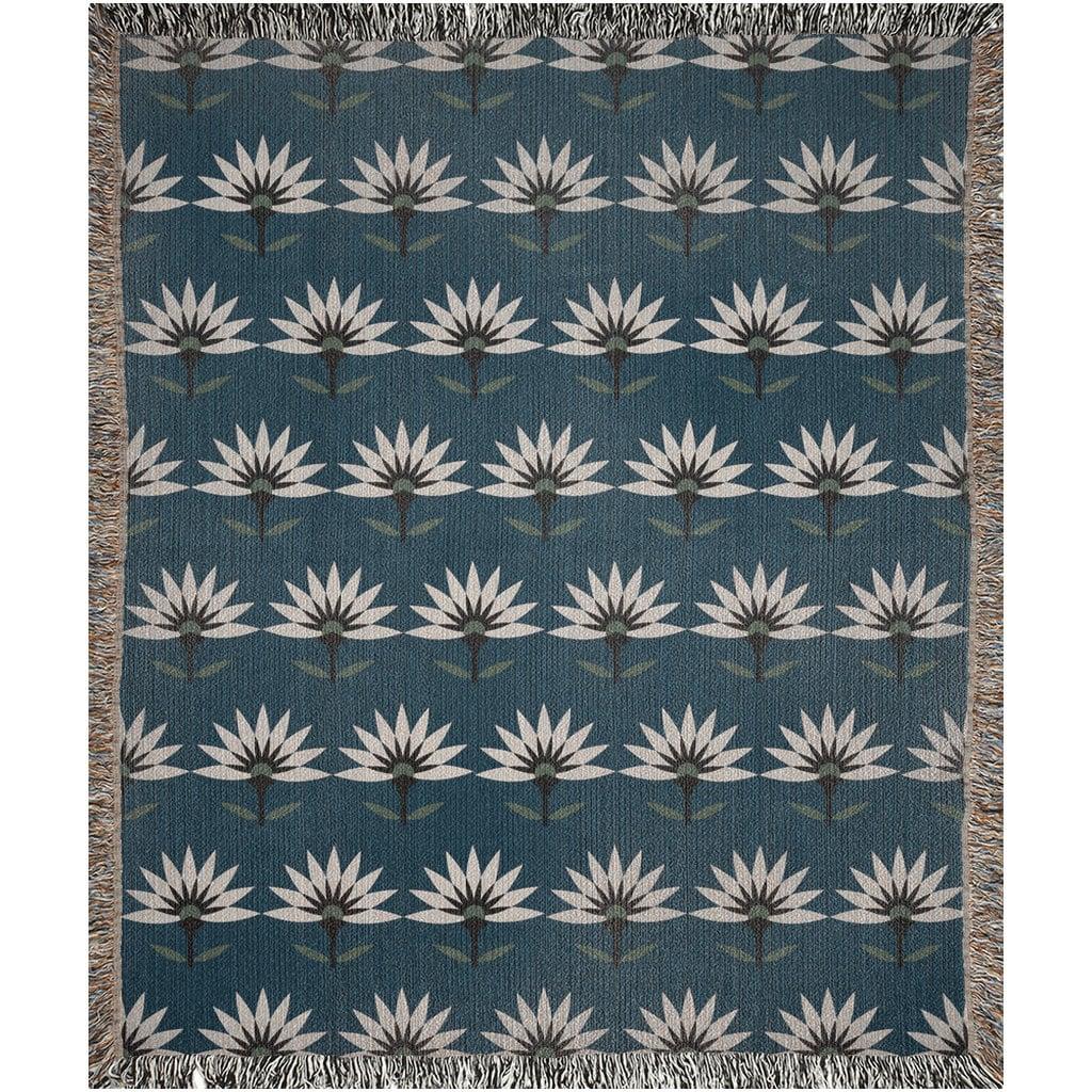 Blue Art Deco Flower Woven Cotton Throw Blankets