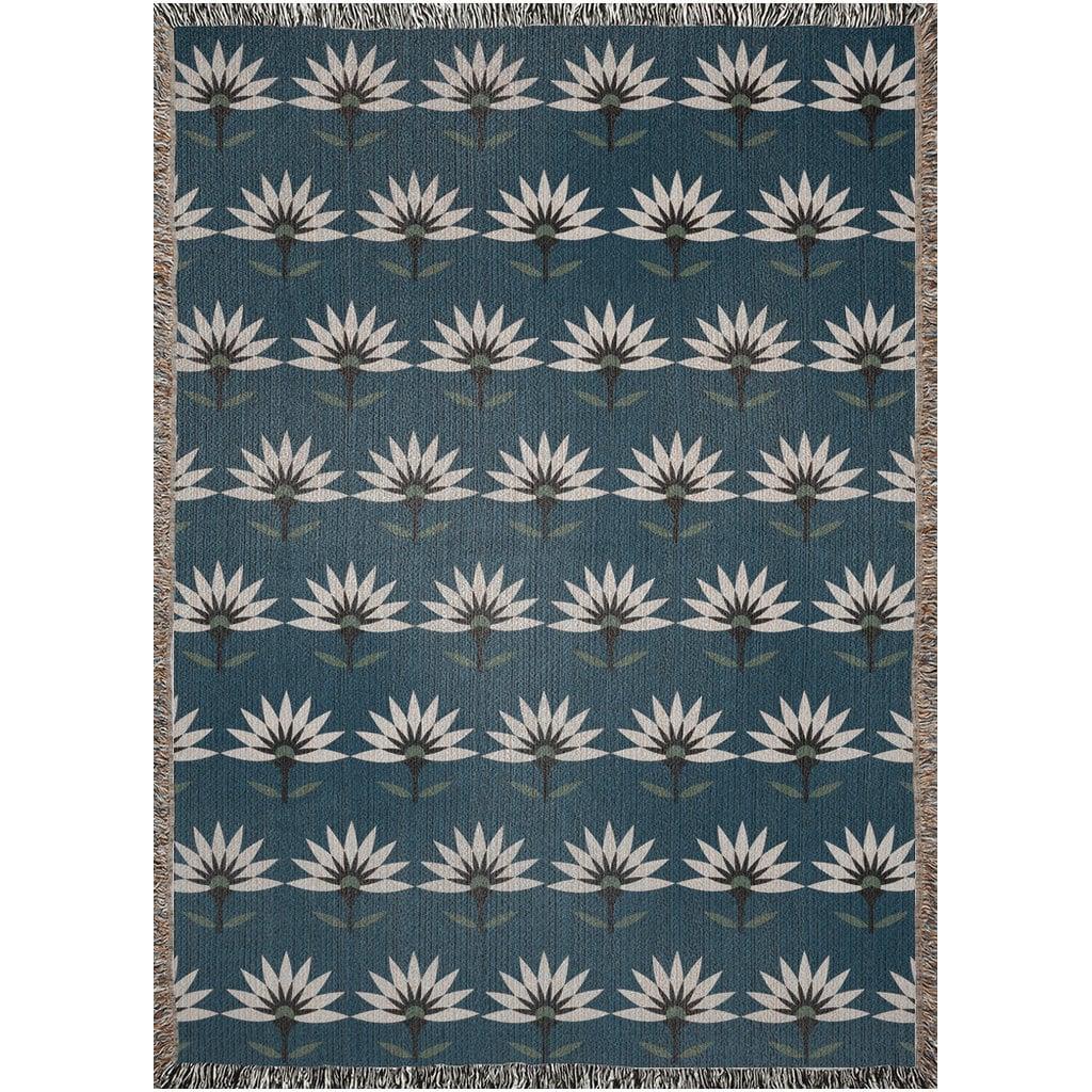 Blue Art Deco Flower Woven Cotton Throw Blankets