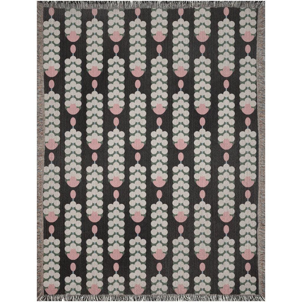 Black Pink And Beige Modern Floral Pattern Woven Cotton Throw Blankets