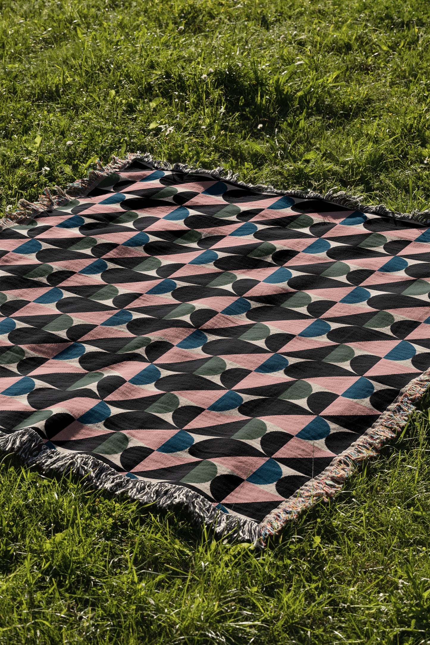 Blue Pink Green Bauhaus Geometric Pattern Woven Blankets