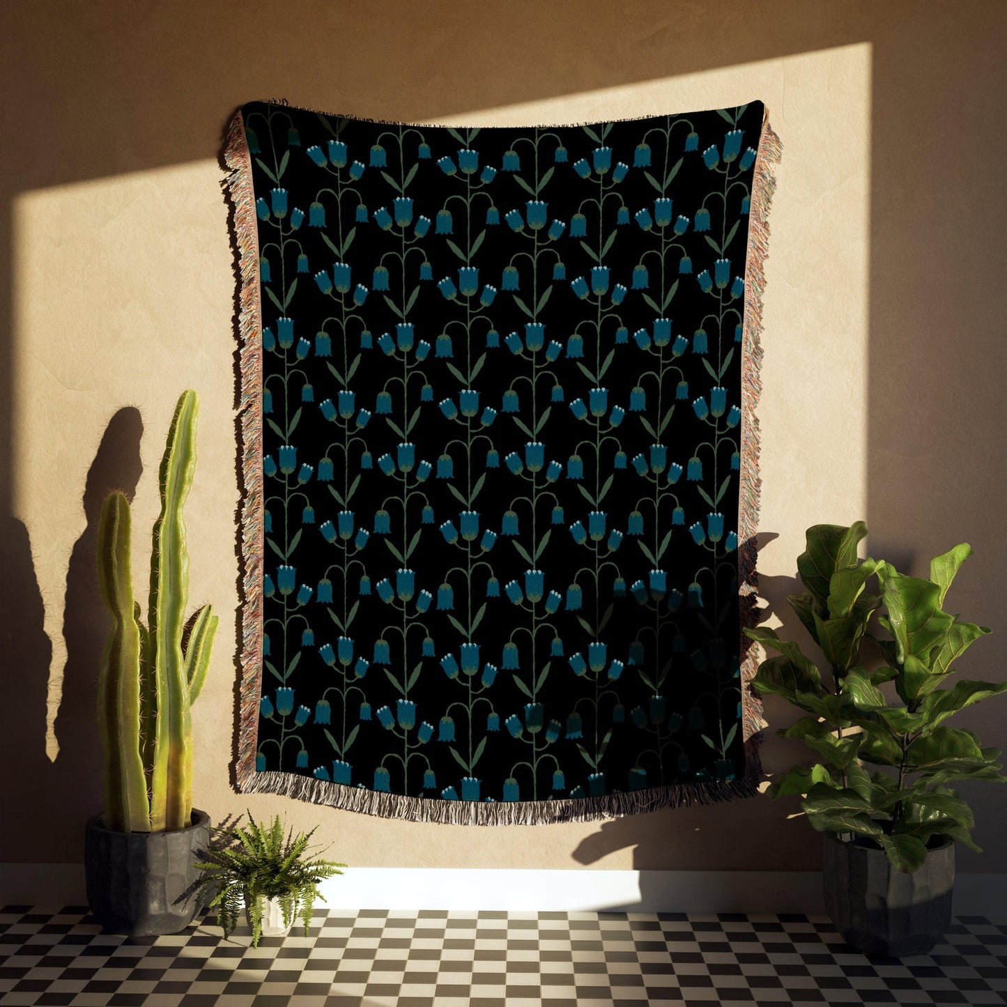 Dark Blue Art Deco Floral Pattern Woven Cotton Throw Blankets