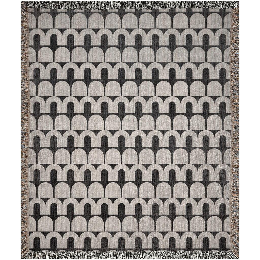 Beige And Black Arches Mid Century Modern Woven Cotton Throw Blankets