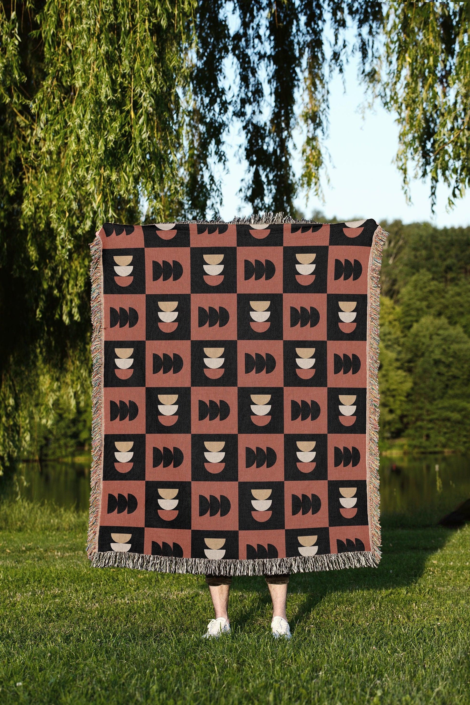 Terra Cotta And Black Boho Checker Woven Cotton Throw Blankets