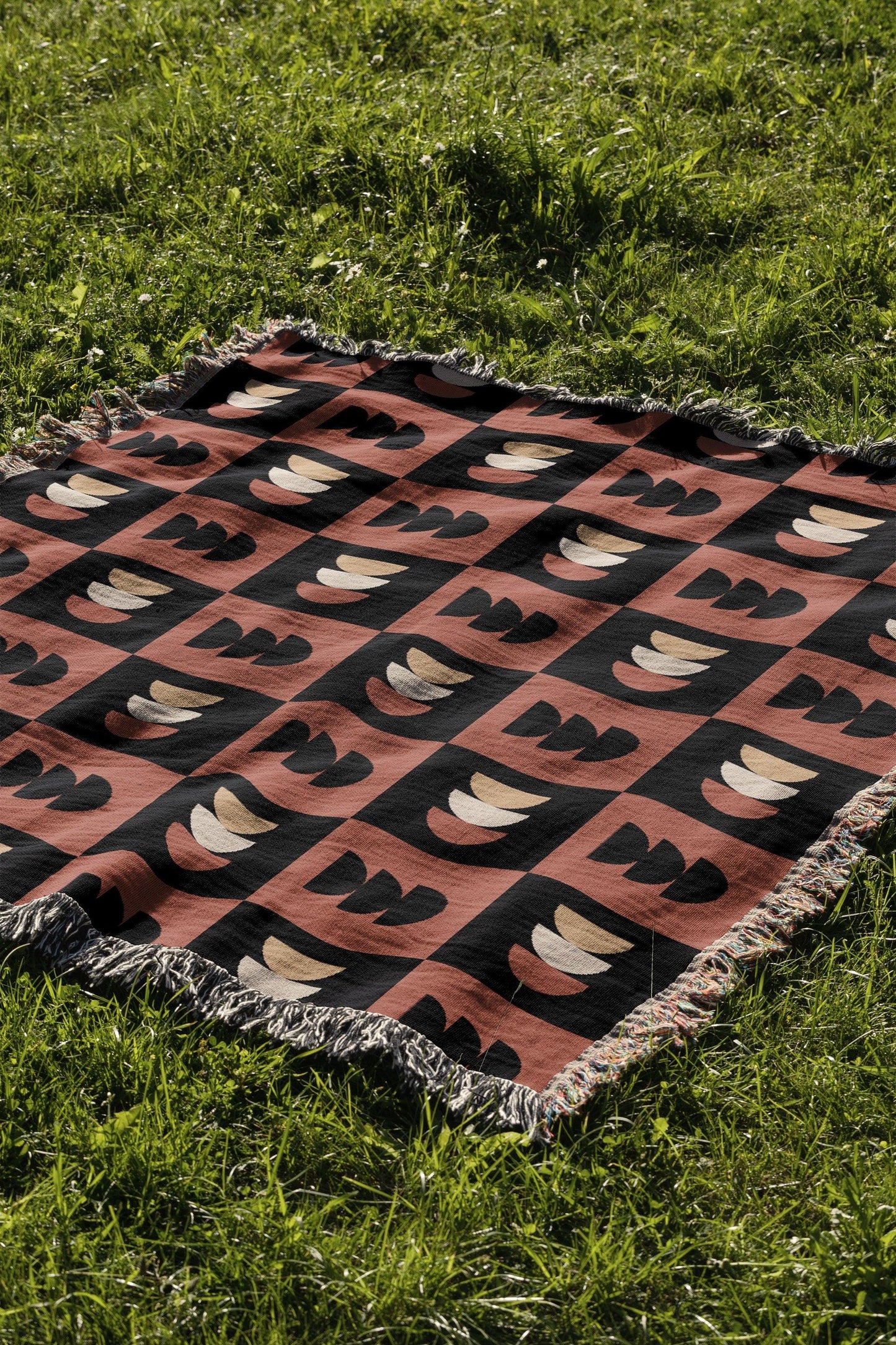 Terra Cotta And Black Boho Checker Woven Cotton Throw Blankets