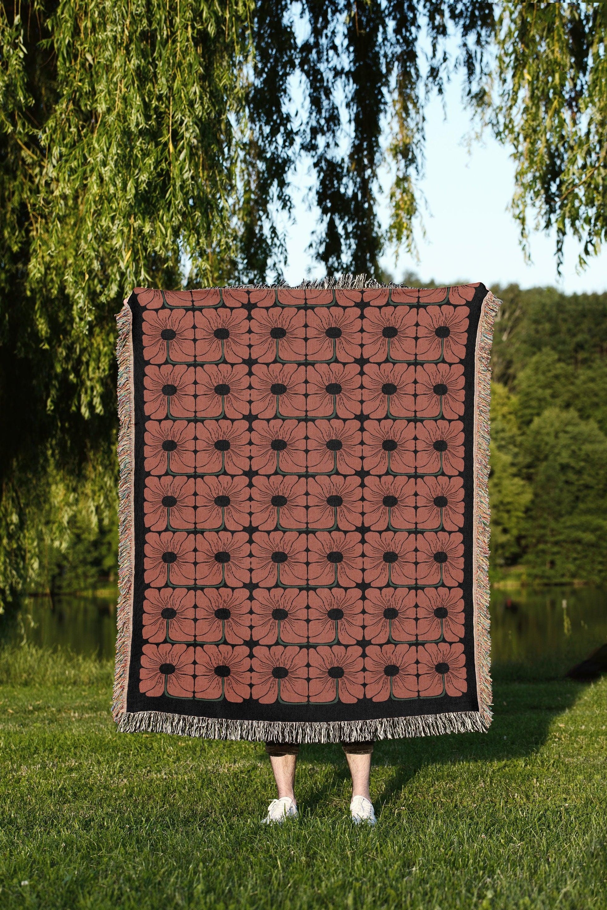 Terracotta Matisse Floral Pattern Woven Cotton Throw Blankets