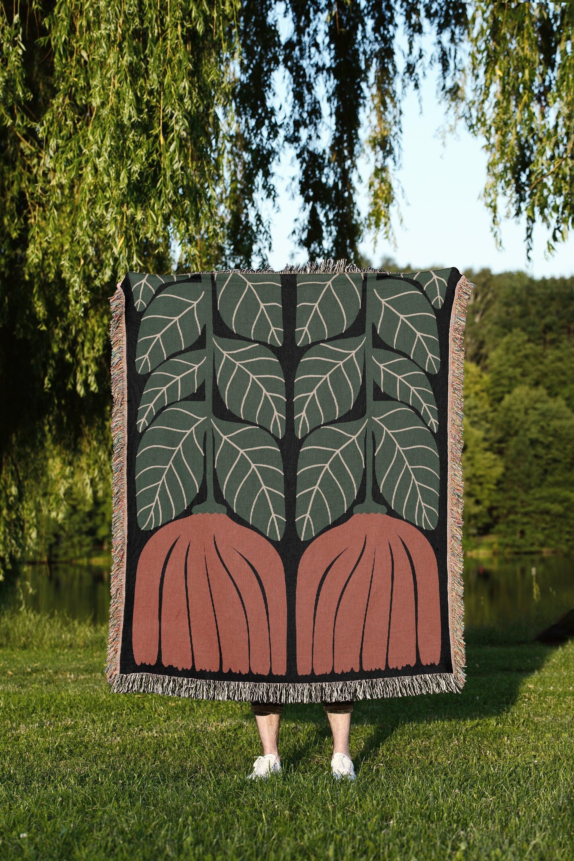 Terra Cotta And Green Matisse Flower Woven Cotton Throw Blankets