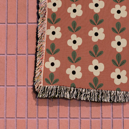 Boho Rust Vintage Floral Woven Cotton Throw Blankets