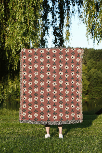 Boho Rust Vintage Floral Woven Cotton Throw Blankets