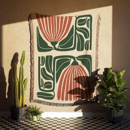 Beige Rust And Green 60s Hippie Matisse Floral Woven Blankets