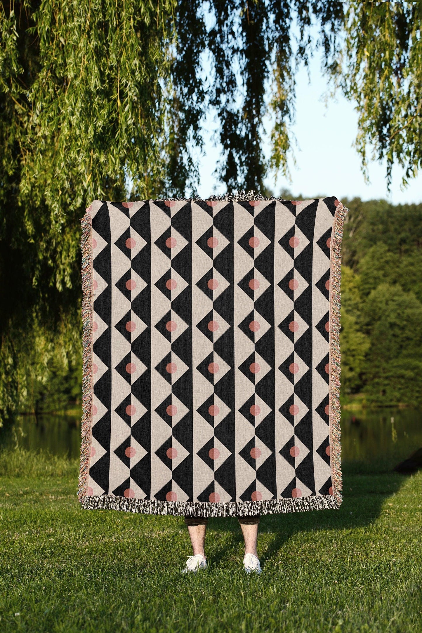 Black White Pink Geometric Checker Pattern Woven Cotton Throw Blankets