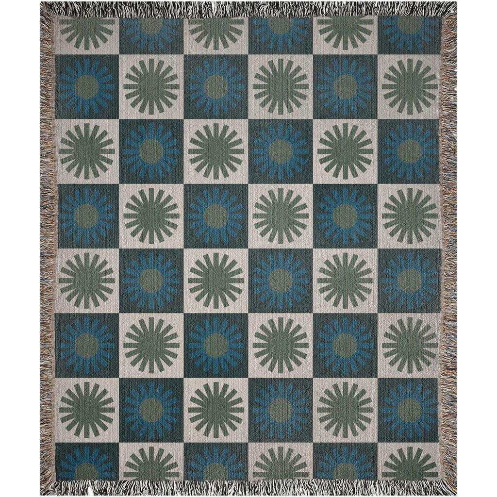 Blue Green Checker Minimalist Sun Woven Cotton Throw Blankets