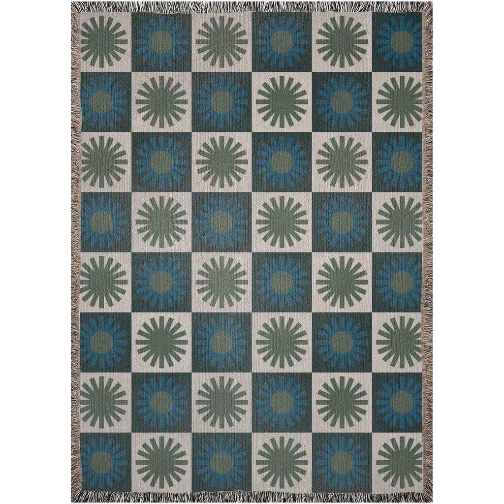 Blue Green Checker Minimalist Sun Woven Cotton Throw Blankets