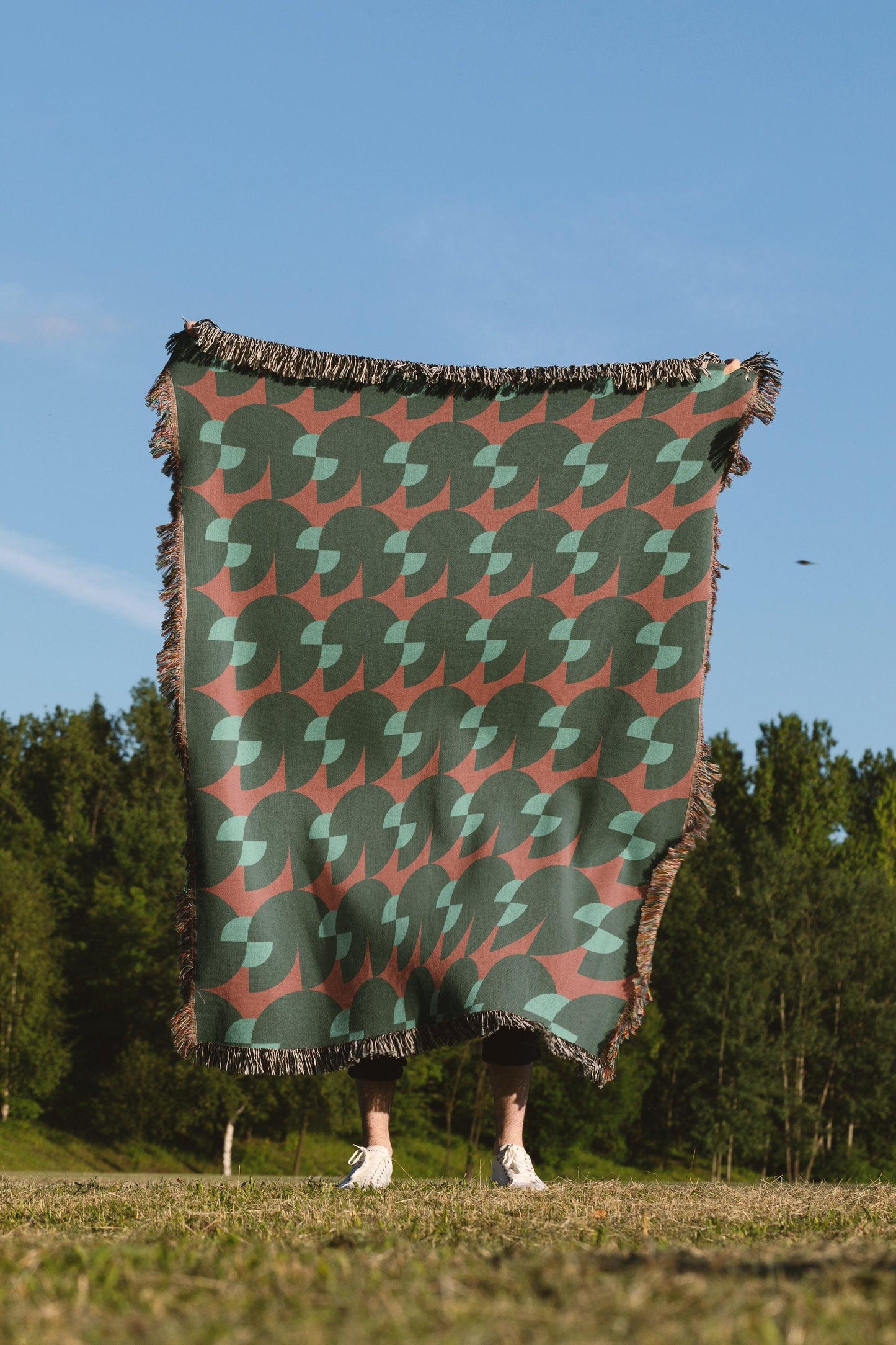 Green And Orange Geometric Pattern Woven Cotton Throw Blankets