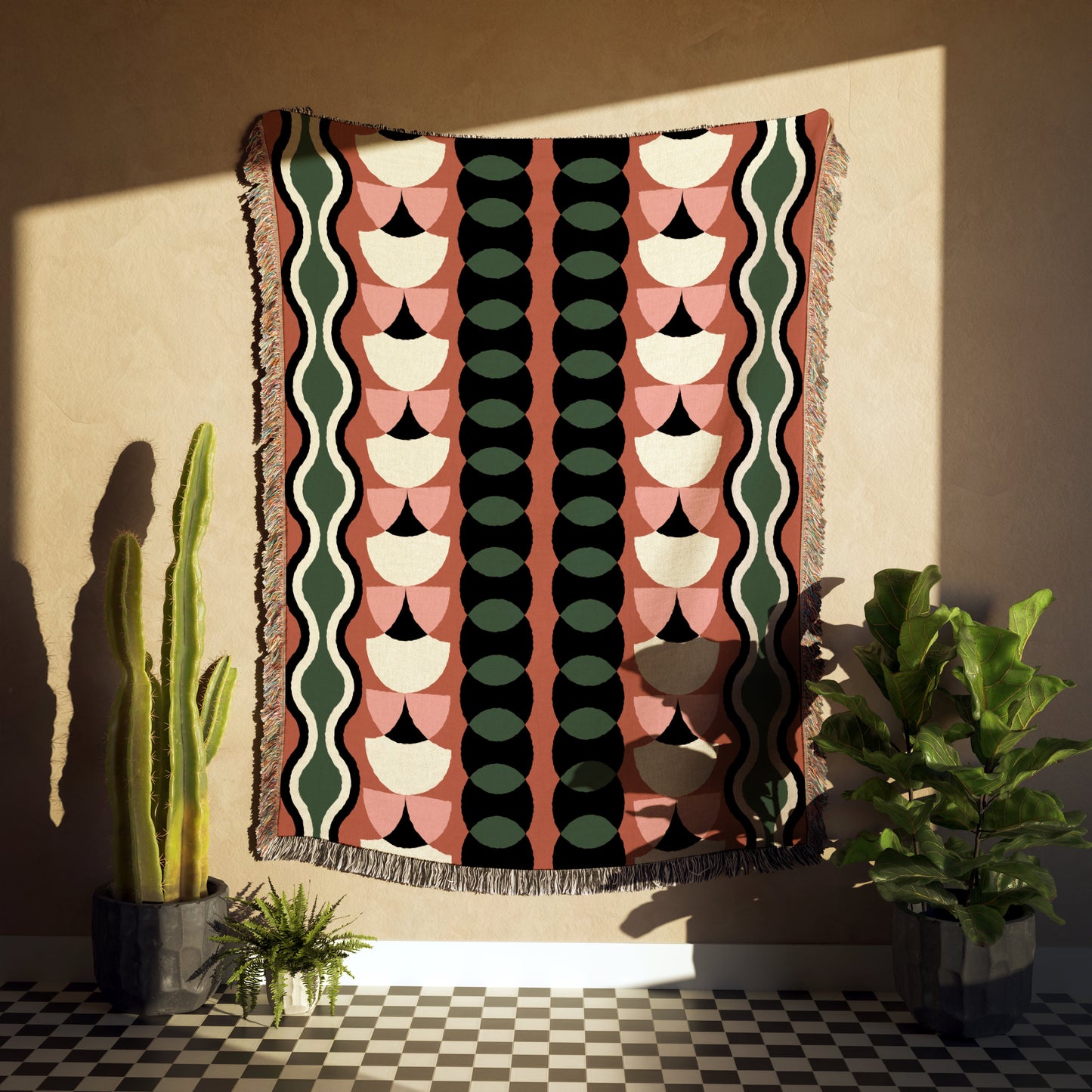 Green And Pink Geometric Stripes Woven Cotton Throw Blankets