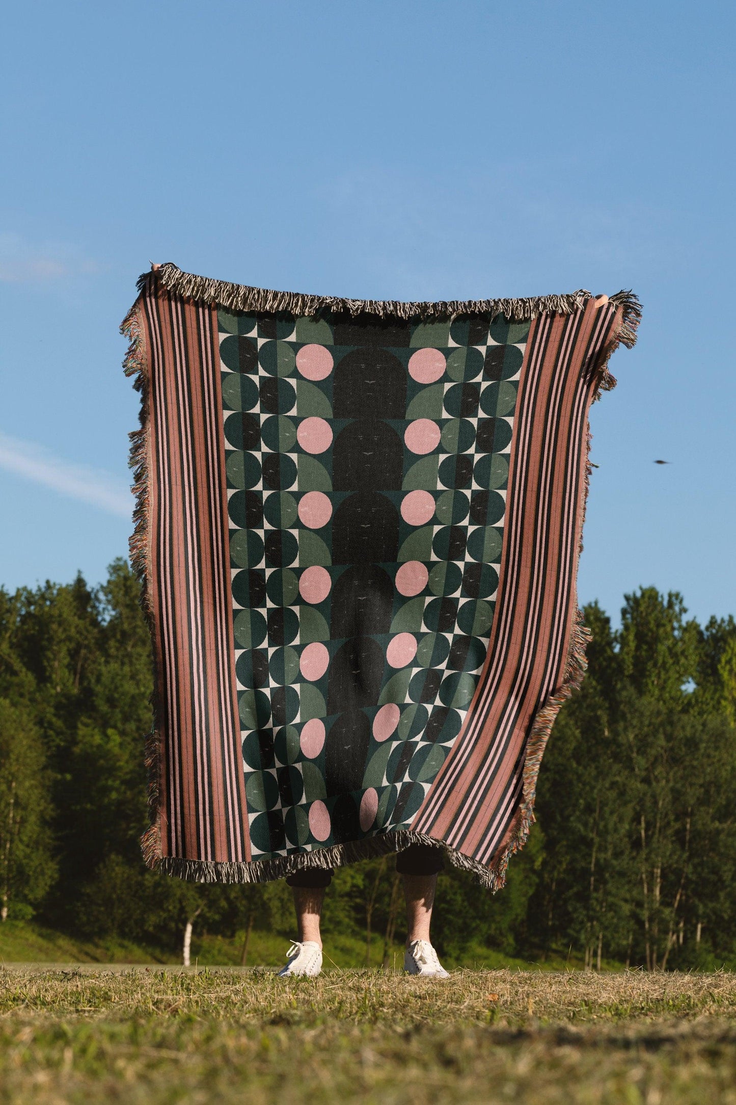 Green And Orange Bauhaus Stripes And Circles Woven Cotton Throw Blankets