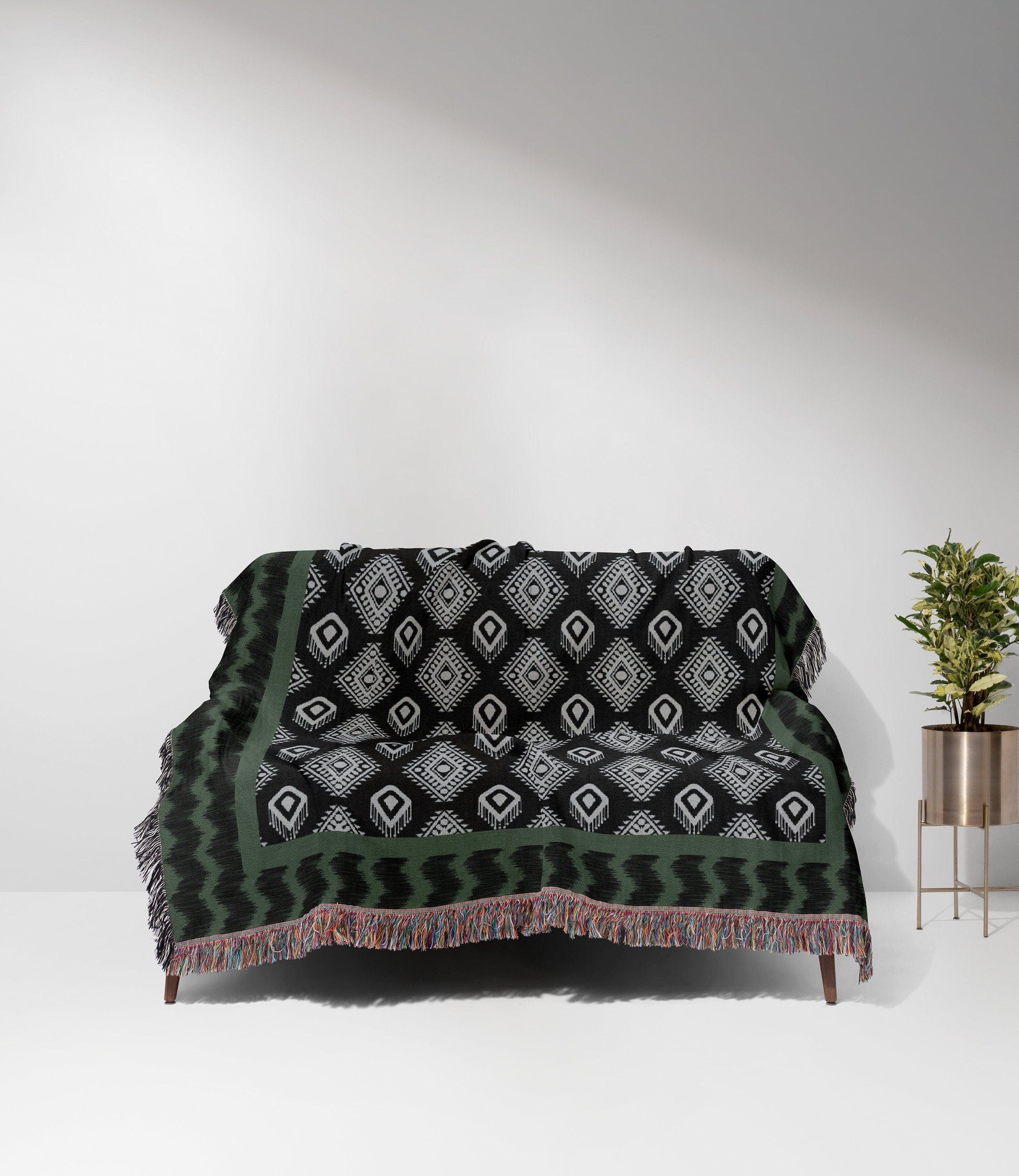 Green Blue Black Ikat Pattern Woven Cotton Throw Blankets