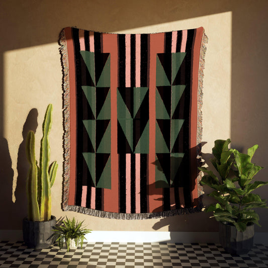 Green And Rust Orange Eclectic Geometric Stripes Woven Cotton Throw Blankets