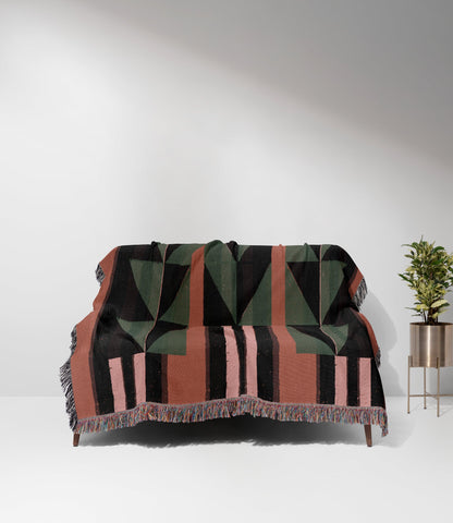 Green And Rust Orange Eclectic Geometric Stripes Woven Cotton Throw Blankets