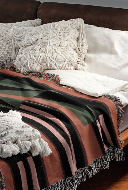 Green And Rust Orange Eclectic Geometric Stripes Woven Cotton Throw Blankets