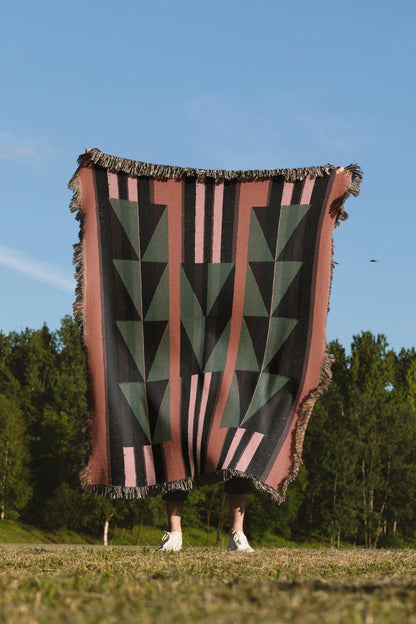 Green And Rust Orange Eclectic Geometric Stripes Woven Cotton Throw Blankets