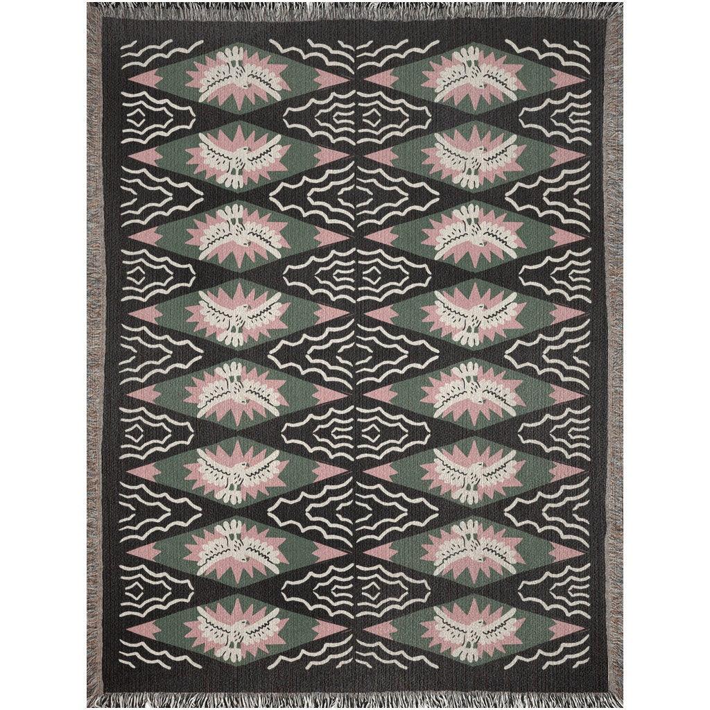 Boho Eclectic Dark Pink And Green Bird Woven Blankets