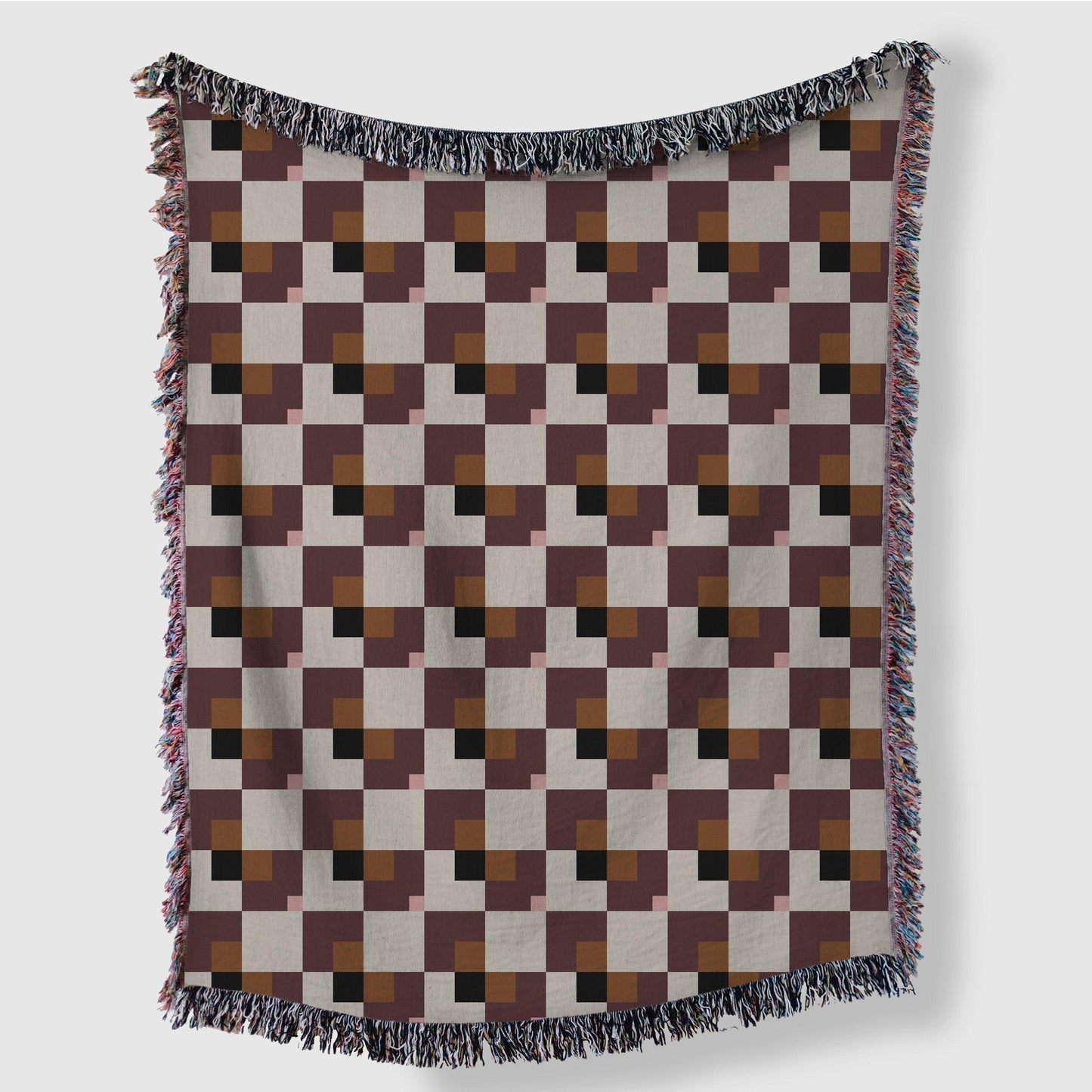 Brown Pink Black Beige Bauhaus Checkered Woven Cotton Blankets