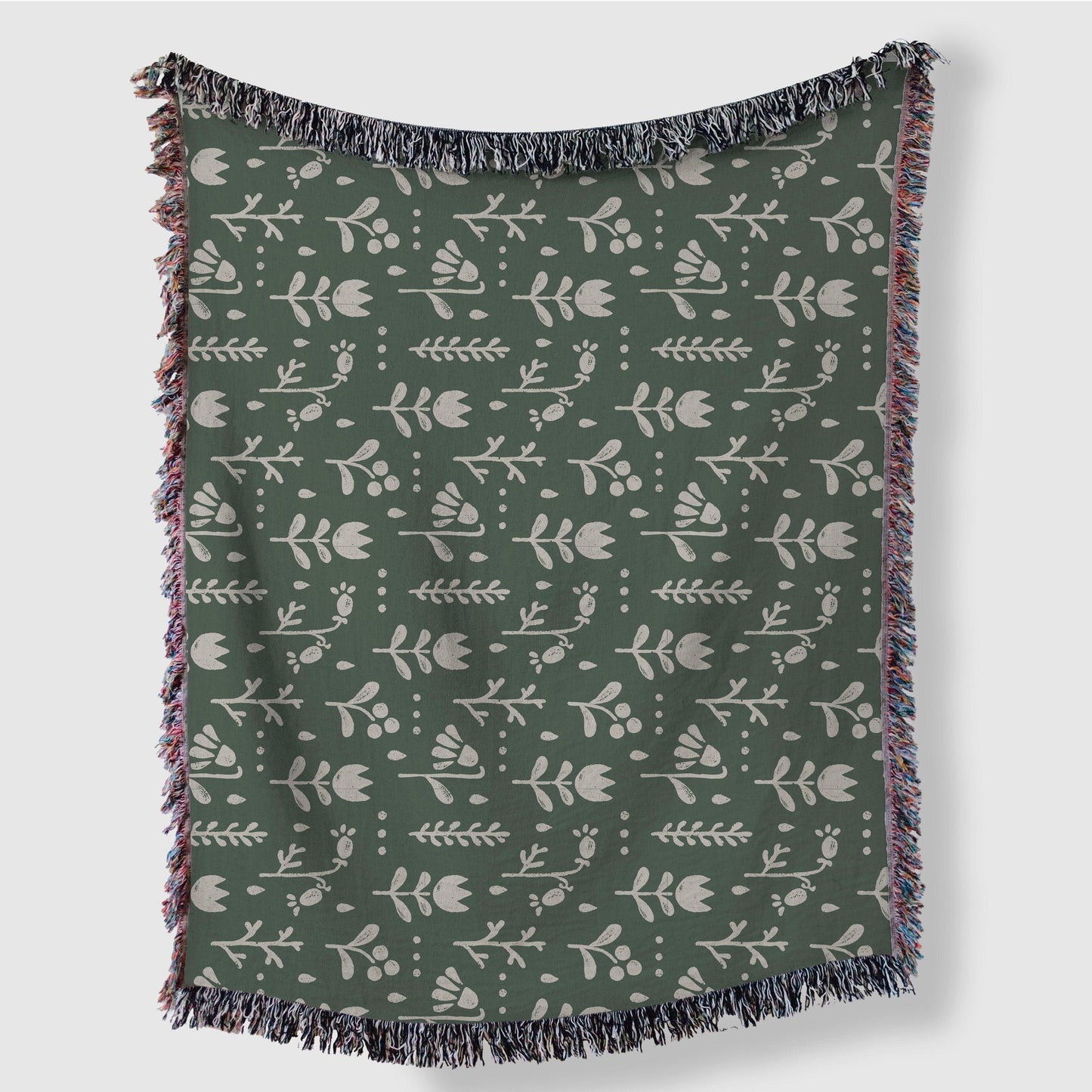 Green And Beige Scandi Nordic Flower Woven Cotton Blankets