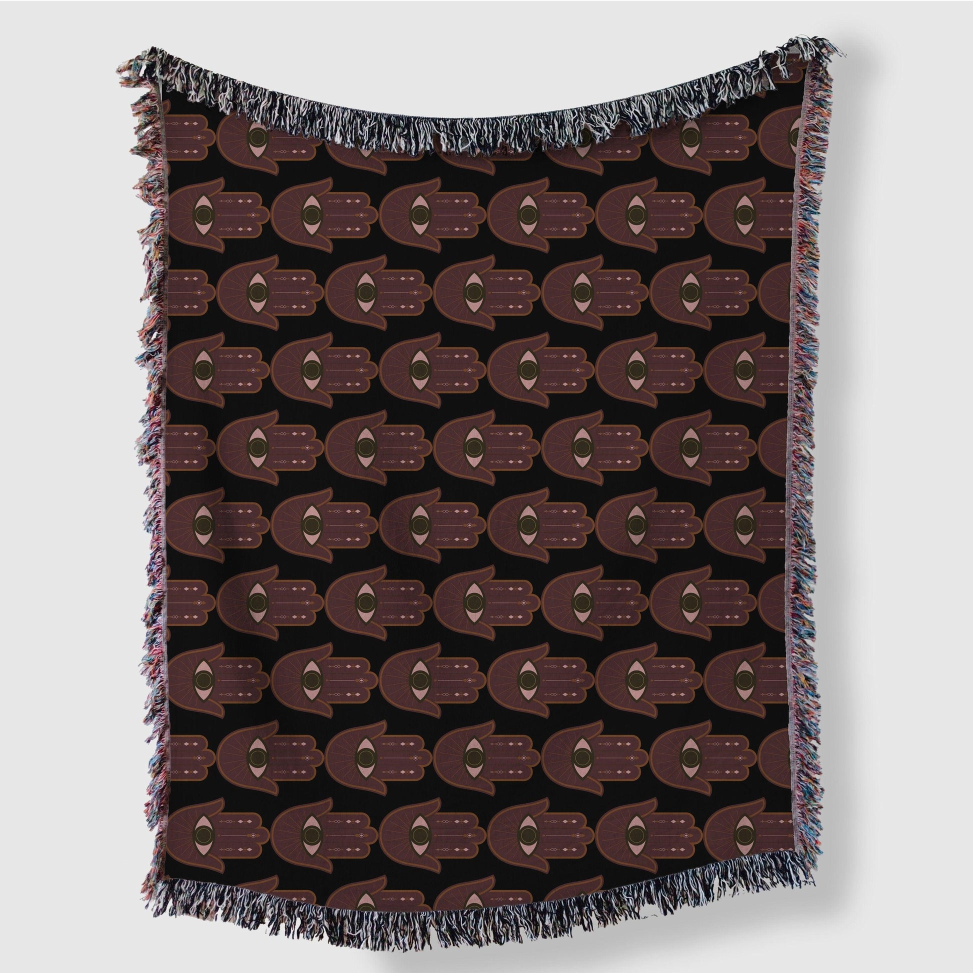 Maroon Hamsa Pattern Woven Cotton Blankets