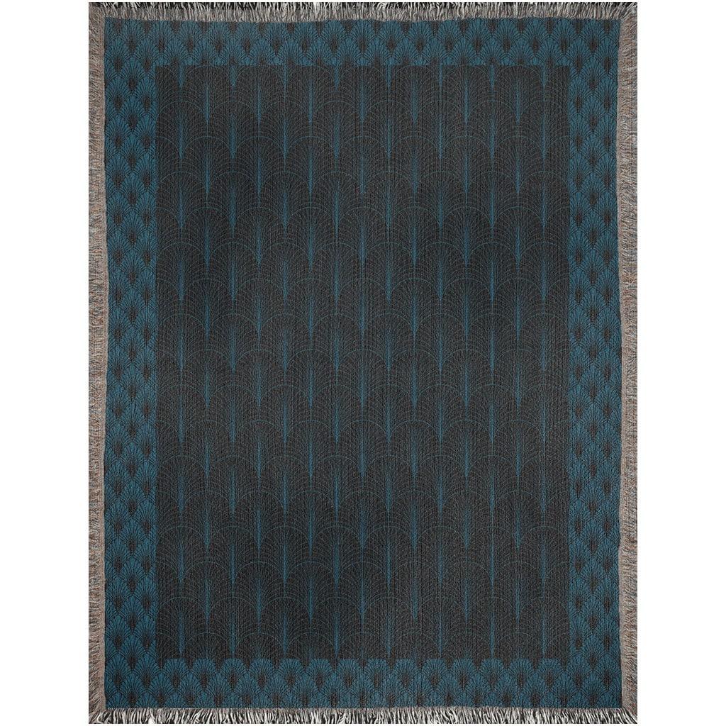 Dark Blue Art Deco Pattern Woven Cotton Throw Blankets