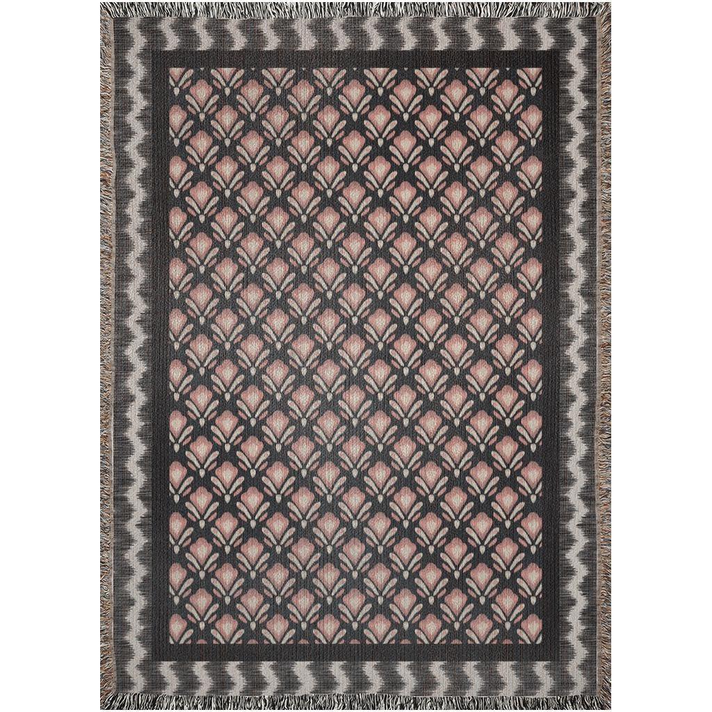 Black And Pink Floral Striped Ikat Pattern Woven Cotton Throw Blankets