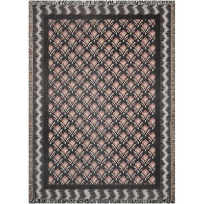 Black And Pink Floral Striped Ikat Pattern Woven Cotton Throw Blankets
