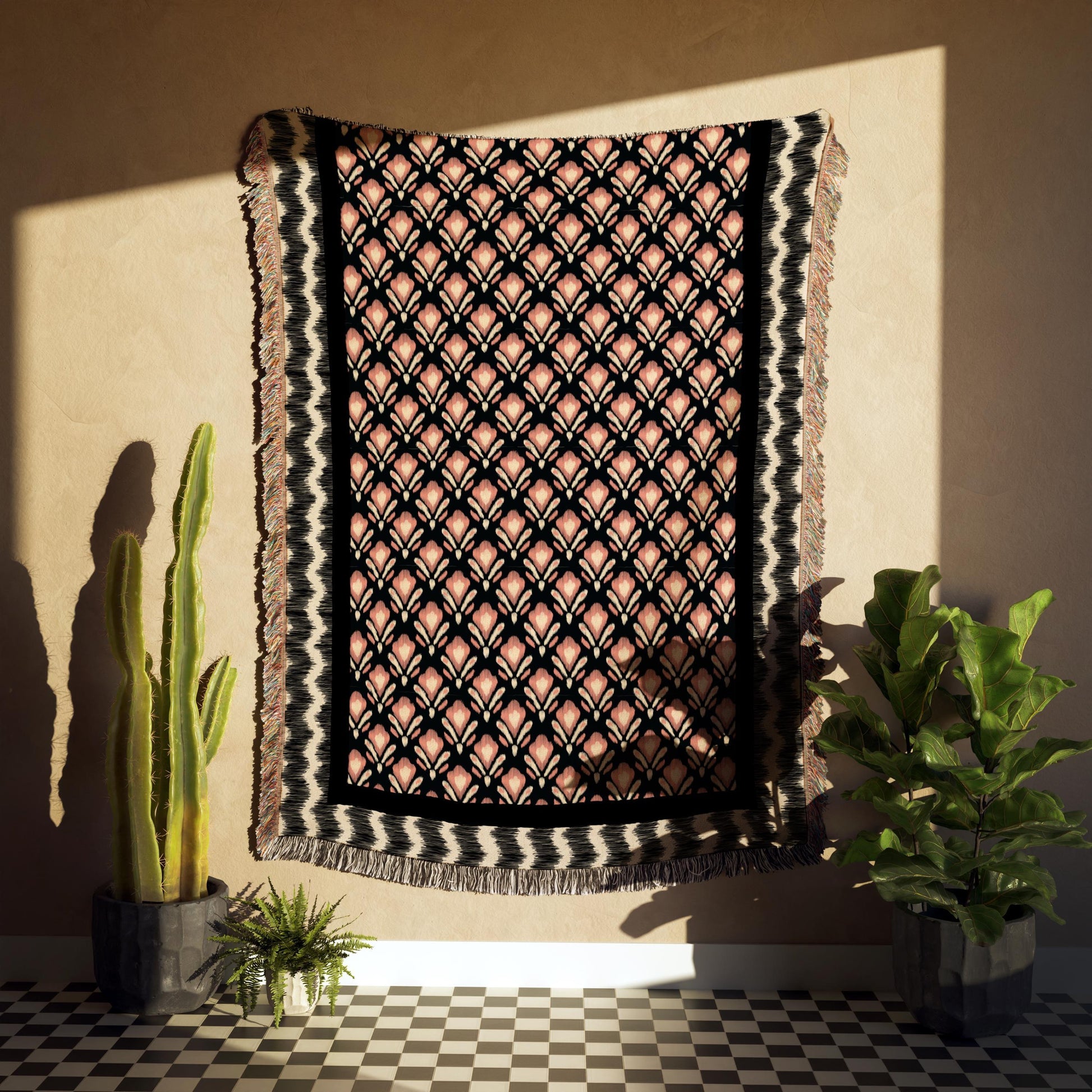 Black And Pink Floral Striped Ikat Pattern Woven Cotton Throw Blankets