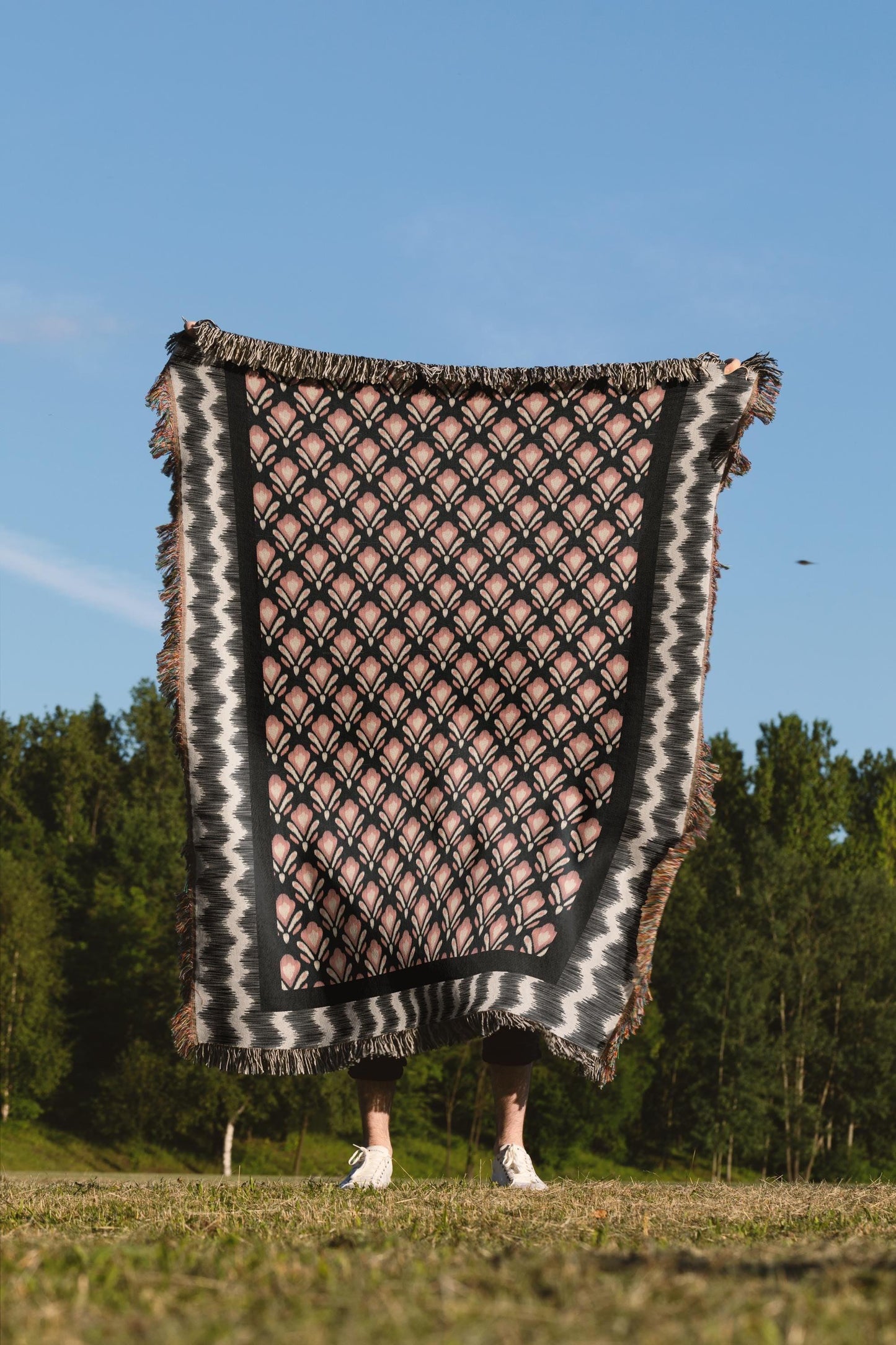 Black And Pink Floral Striped Ikat Pattern Woven Cotton Throw Blankets