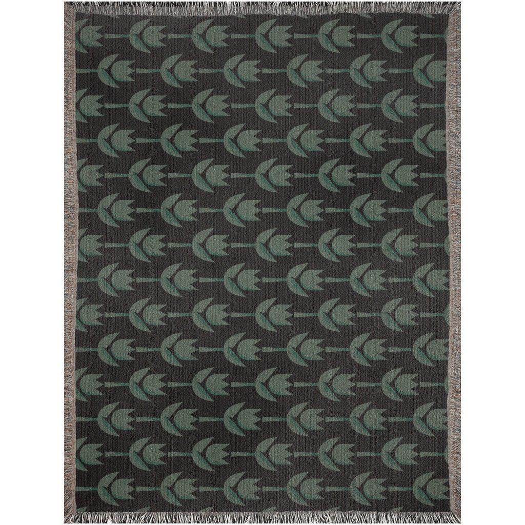 Green And Black Minimalist Flowers Woven Blankets