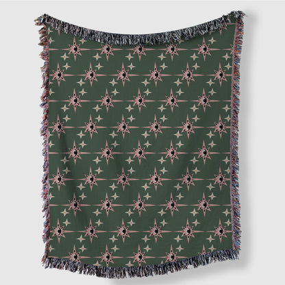 Green And Pink Esoteric Starry Eyes Woven Cotton Blankets