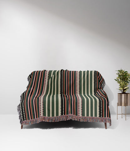 Cool Earth Tones Boho Geometric Stripes Woven Cotton Throw Blankets