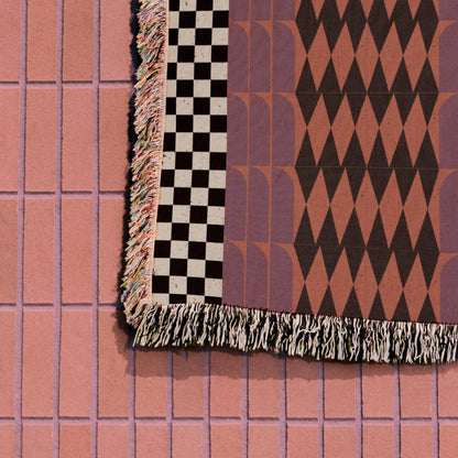 Checker And Diamonds Purple And Orange Boho Woven Cotton Throw Blankets