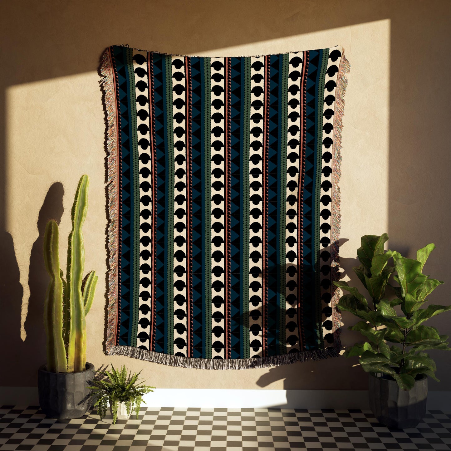 Blue Green And Orange Boho Geometric Striped Woven Cotton Throw Blankets