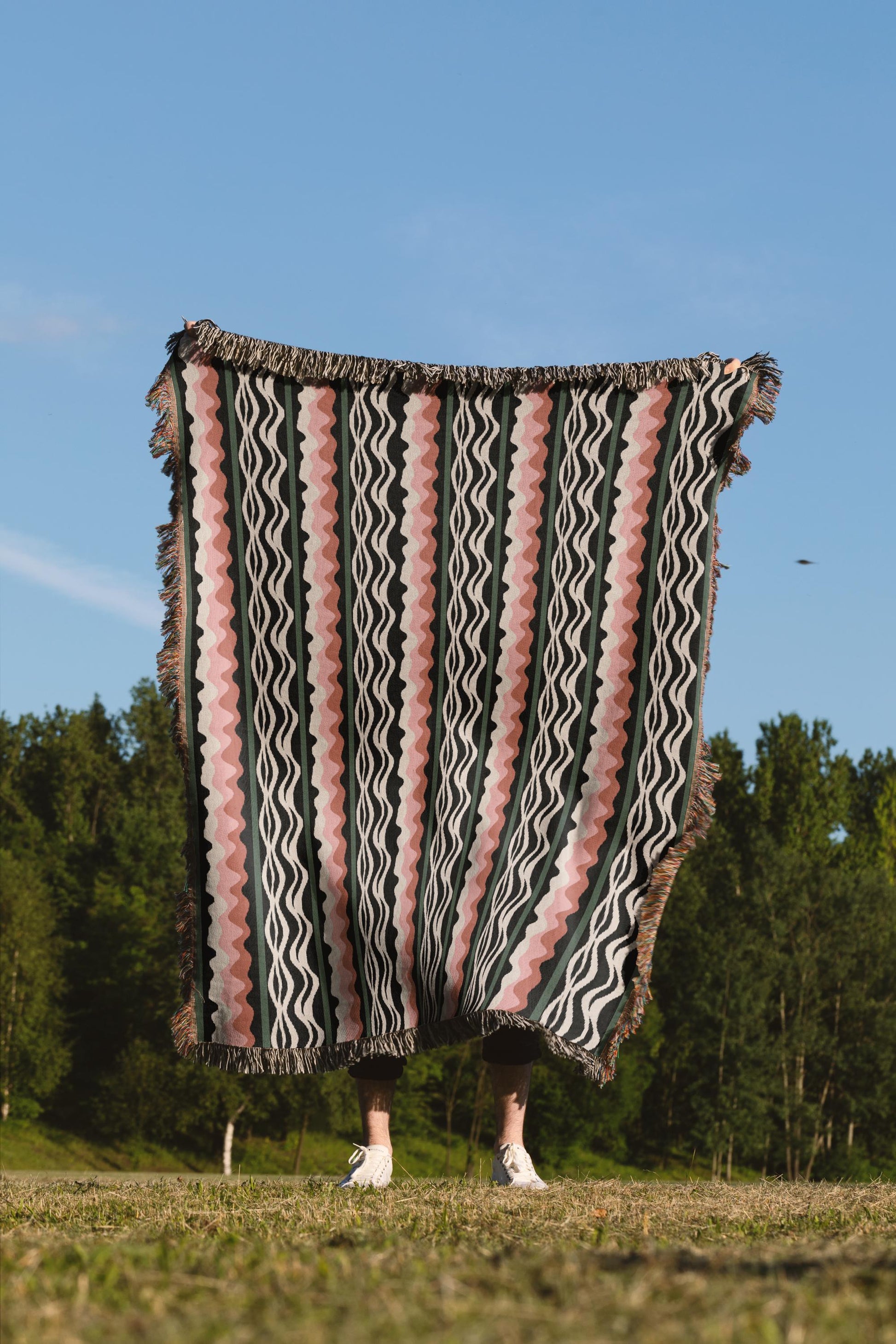 Wavy Stripes Pink And Green 70s Woven Cotton Throw Blankets