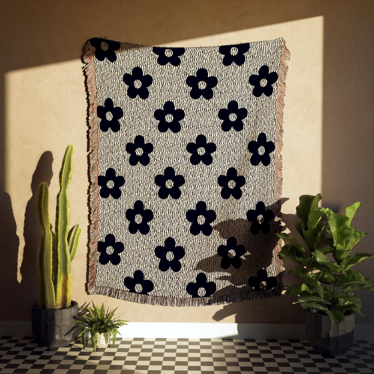 60s Black And White Flower Pattern Woven Cotton Throw Blankets