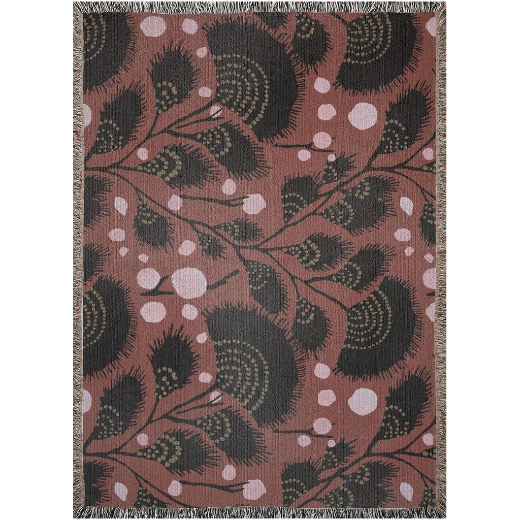 Maroon Art Deco Black Floral Woven Cotton Throw Blankets