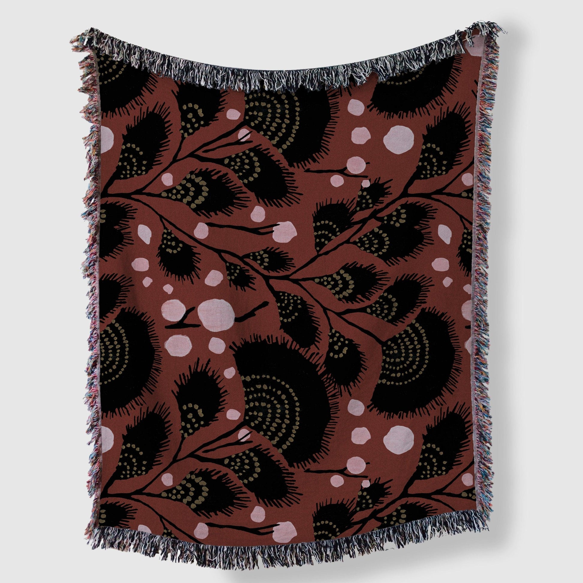 Maroon Art Deco Black Floral Woven Cotton Throw Blankets